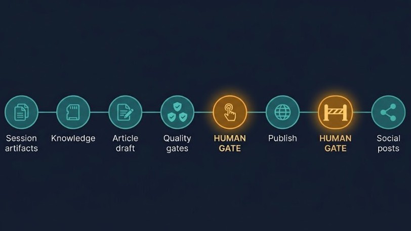 Diagram of a gated publishing pipeline: session artifacts flow into a knowledge stage, then an article draft, then through automated quality gates, then a human approval gate before the live site, with a second human gate before social derivatives