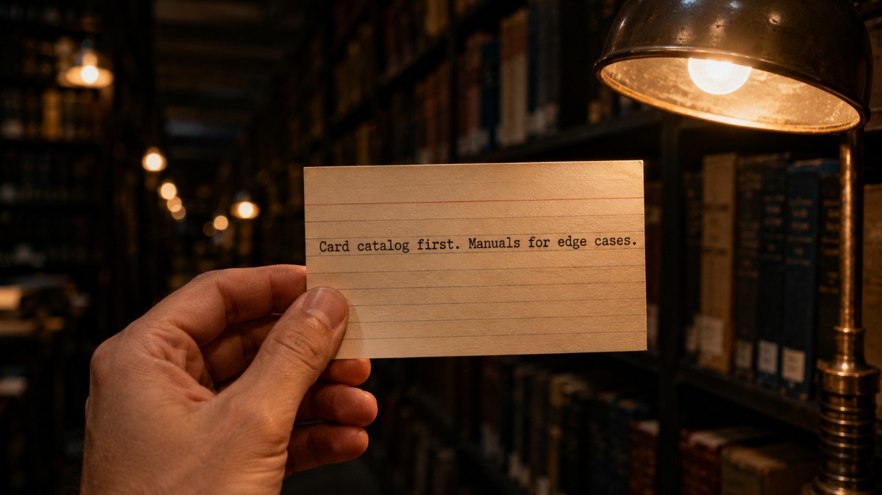 A hand holding a vintage library index card reading "Card catalog first. Manuals for edge cases." in front of dim archive shelves