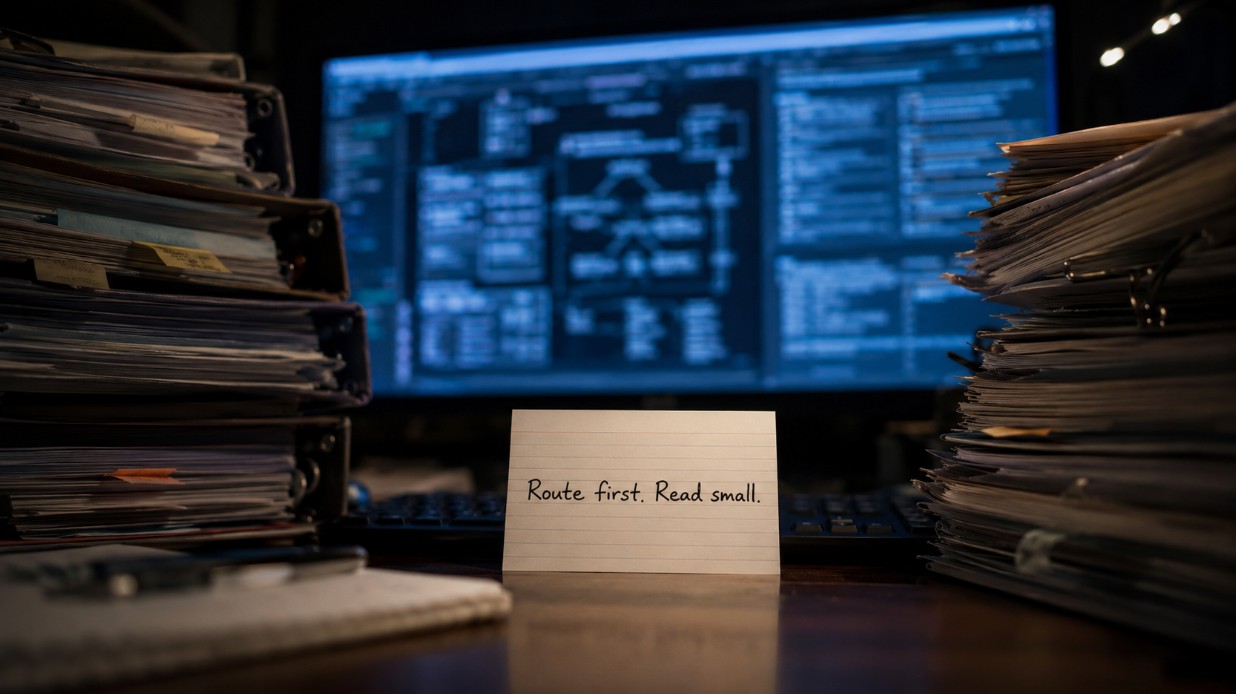 A late-night engineering desk dwarfed by stacks of technical manuals, with a single index card reading "Route first. Read small." propped against the monitor