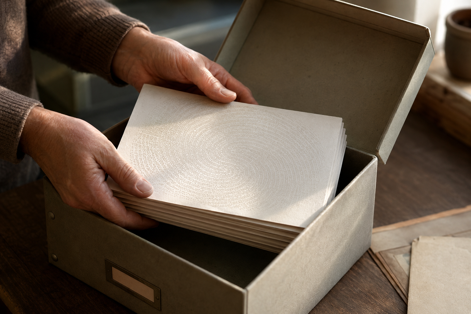 Hands placing a stack of printed documents into an archive box, the top page carrying a fingerprint pattern made of tiny hexadecimal characters