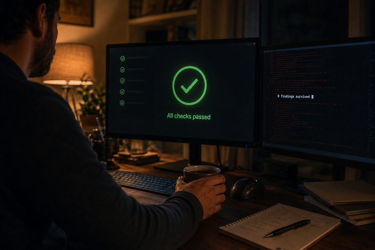 A late-night desk, one monitor showing a large green checkmark and All checks passed, the other a wall of dim red errors with the line 0 findings survived