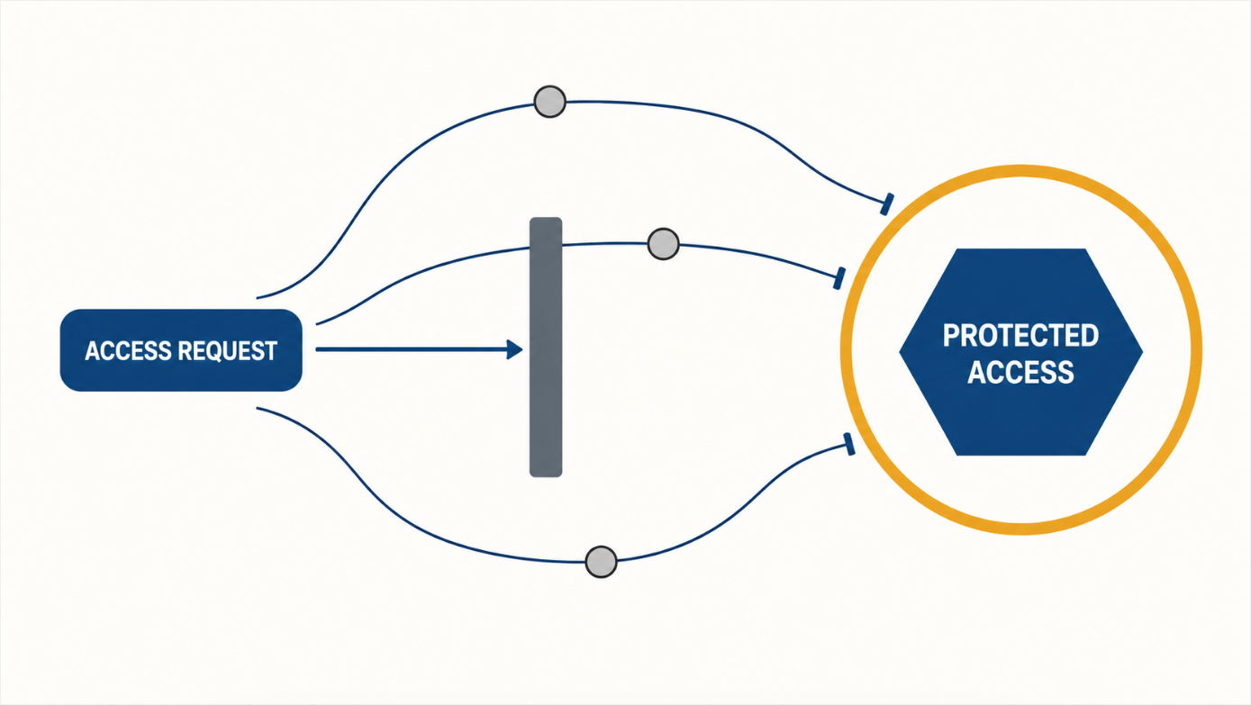 Diagram of an access request moving towards a protected permission outcome, with the direct path blocked and several indirect paths, such as alternate groups, service accounts and privileged workflows, also intercepted by the control layer