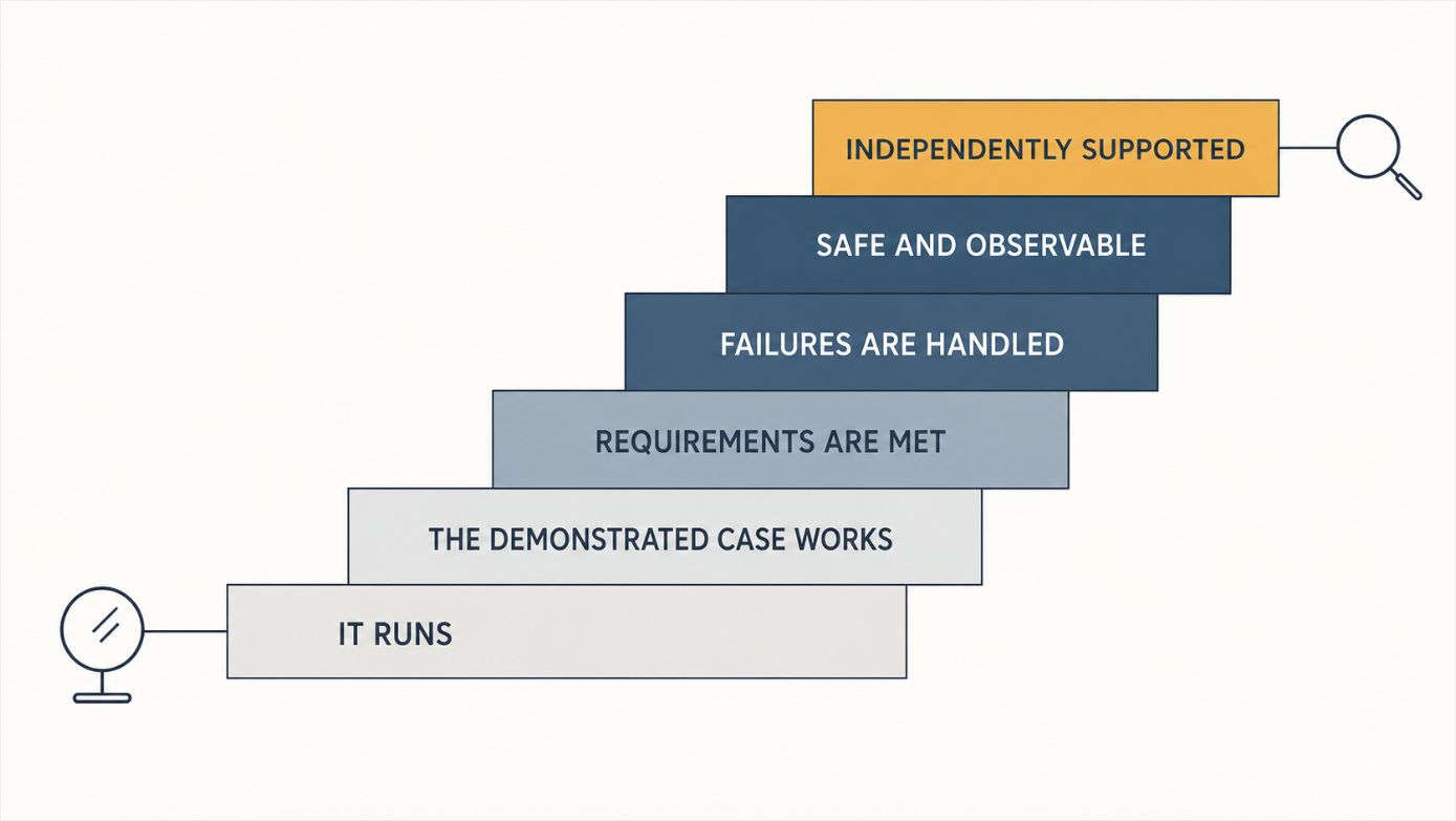 Diagram of a quality ladder rising from a script that merely runs, through requirements coverage and failure handling, to independently supported quality claims, contrasting self-assessment with independent verification