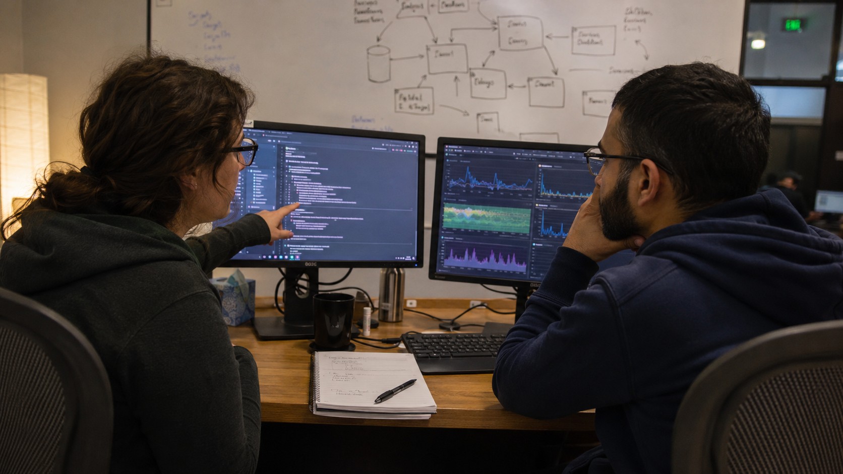 Two specialists in an operations workspace walking through a structured runbook beside live telemetry, with a dependency map on a whiteboard.