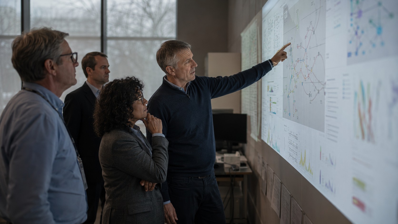 Leaders and specialists examining a wall of operational evidence, one pointing at a specific dependency.